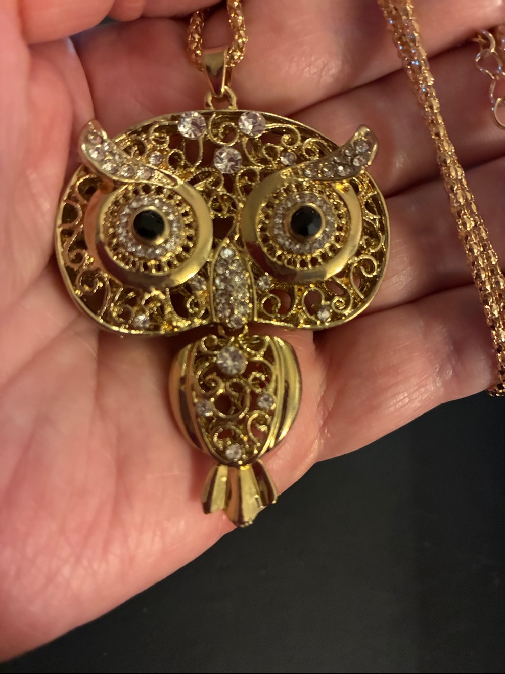 Gold Owl Pendant Necklace with Crystal Accents. Body moves. - Picture 5 of 5